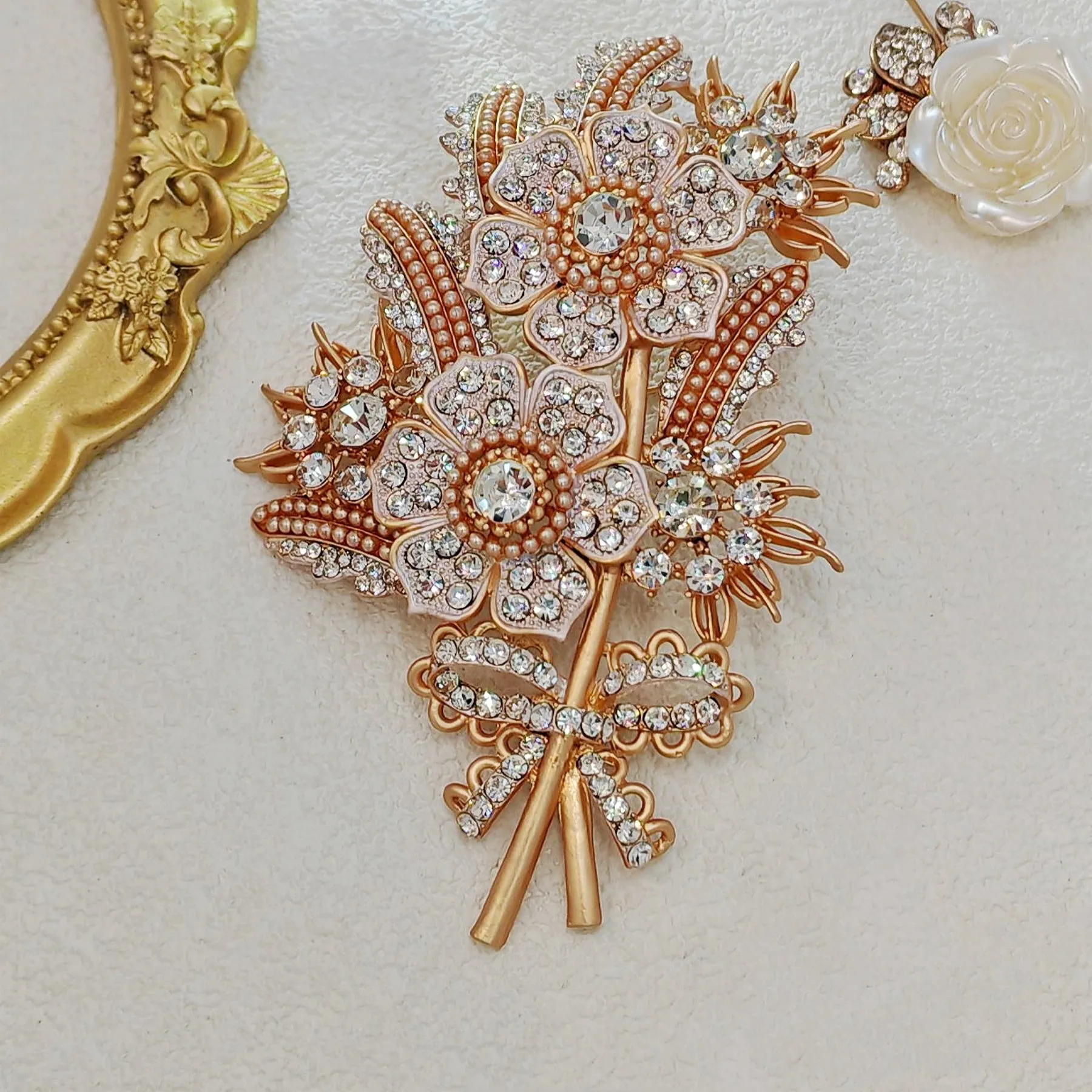 Vintage Style Large Floral Crystal Bouquet Brooch Pin, Rose Gold Tone