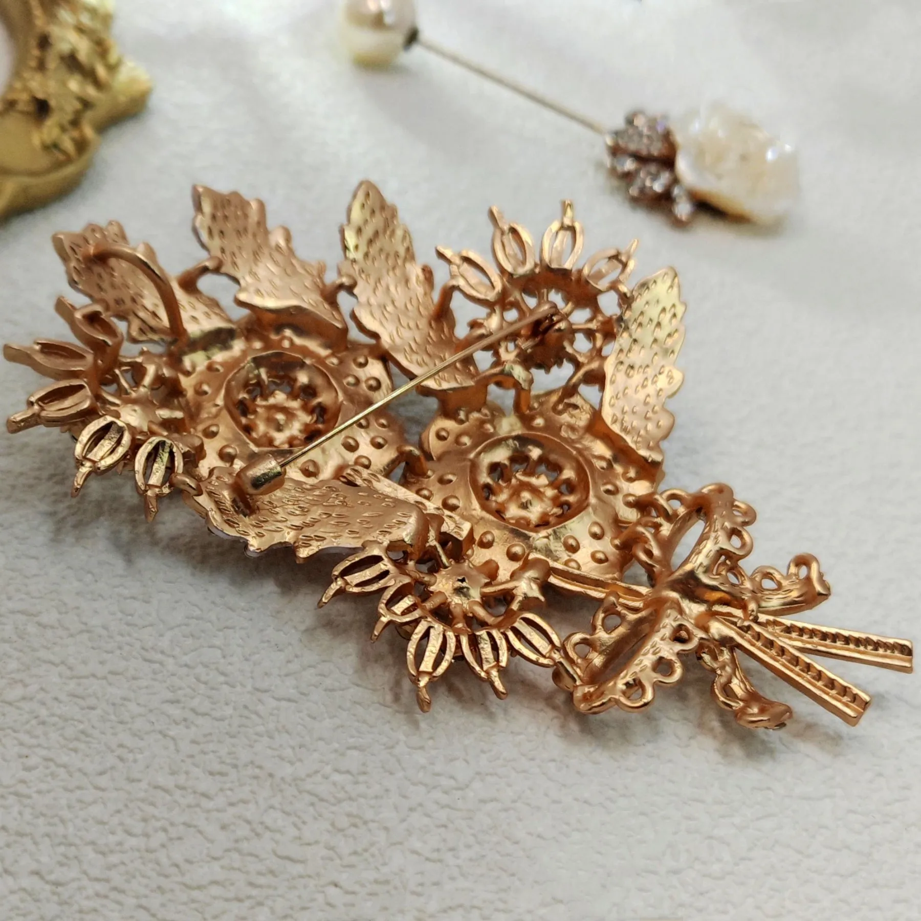 Vintage Style Large Floral Crystal Bouquet Brooch Pin, Rose Gold Tone