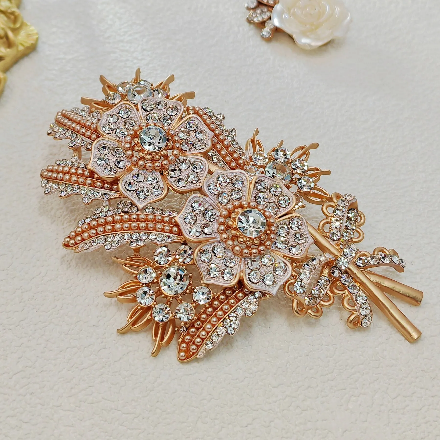 Vintage Style Large Floral Crystal Bouquet Brooch Pin, Rose Gold Tone